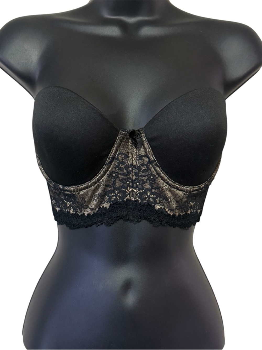 Black Strapless Longline Bra with Lace Overlay - Size 34B
